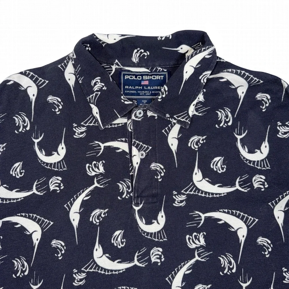 Polo Sport Ralph Lauren Mens 2XL Cotton Swordfish Marlin Print Polo Shirt‎ Navy